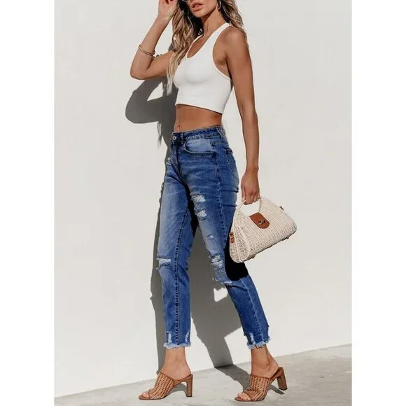 Women's Distressed Straight Leg Boyfriend Jeans Premium Denim Casual Wear - Picture 4 of 6